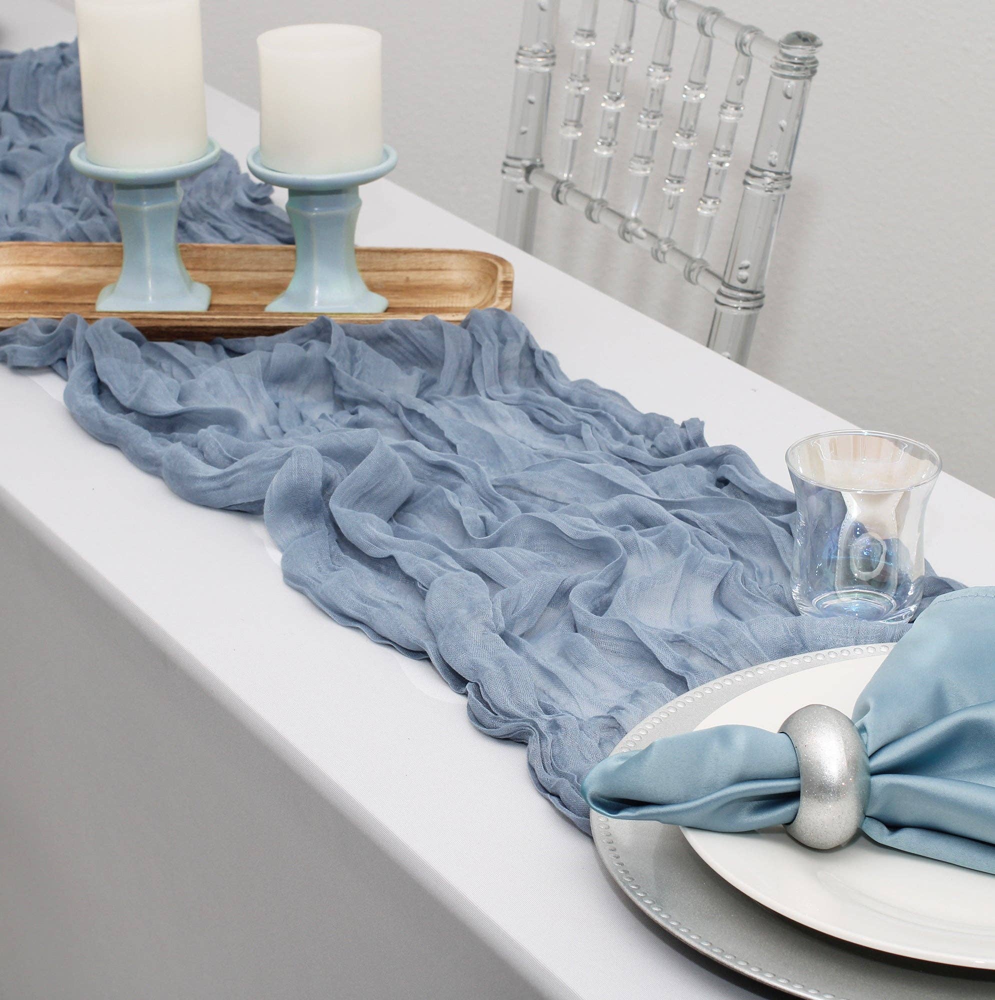YOUR CHAIR COVERS - Wholesale Table Runner - 35 in X 10 ft Gauze Cheesecloth Table Runner Dusty Blue1
