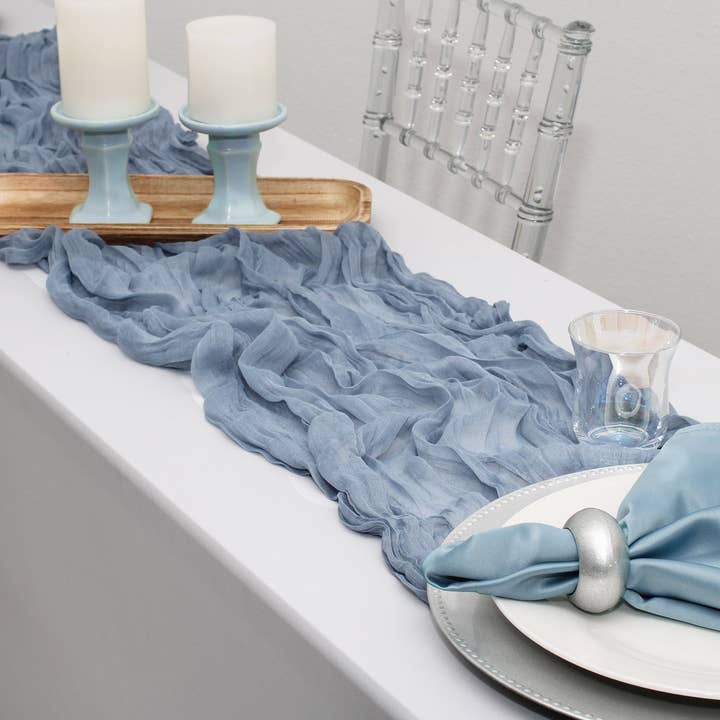 YOUR CHAIR COVERS - Wholesale Table Runner - 35 in X 10 ft Gauze Cheesecloth Table Runner Dusty Blue1