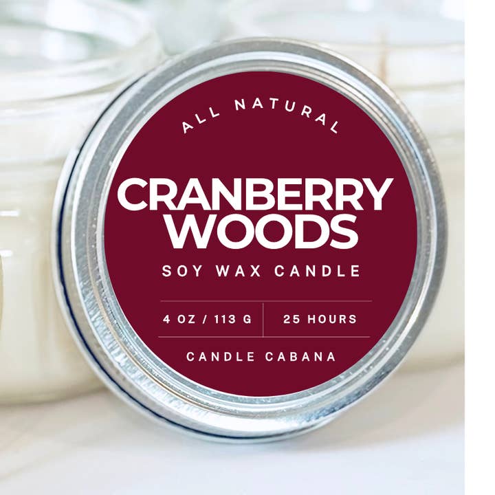 Vela em Frasco de Vidro Cranberry Woods 4 oz - 100% Soja Natural por atacado de Candle Cabana