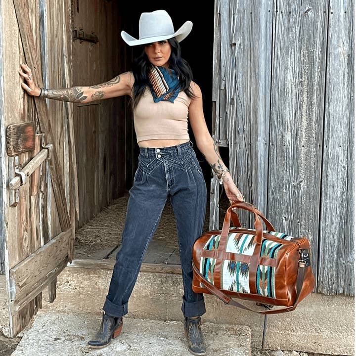 Ranch Junkie - Wholesale Weekender Bag - Unisex - Southwestern Saddle Blanket Aztec Weekender Aspen Leather Duffel Bag10
