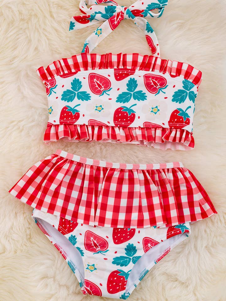 Kids Charm Online - Wholesale Two Piece Swimsuit - Kids - Strawberry printed swim set w/plaid ruffle. SWG25134001 🥽JEAN