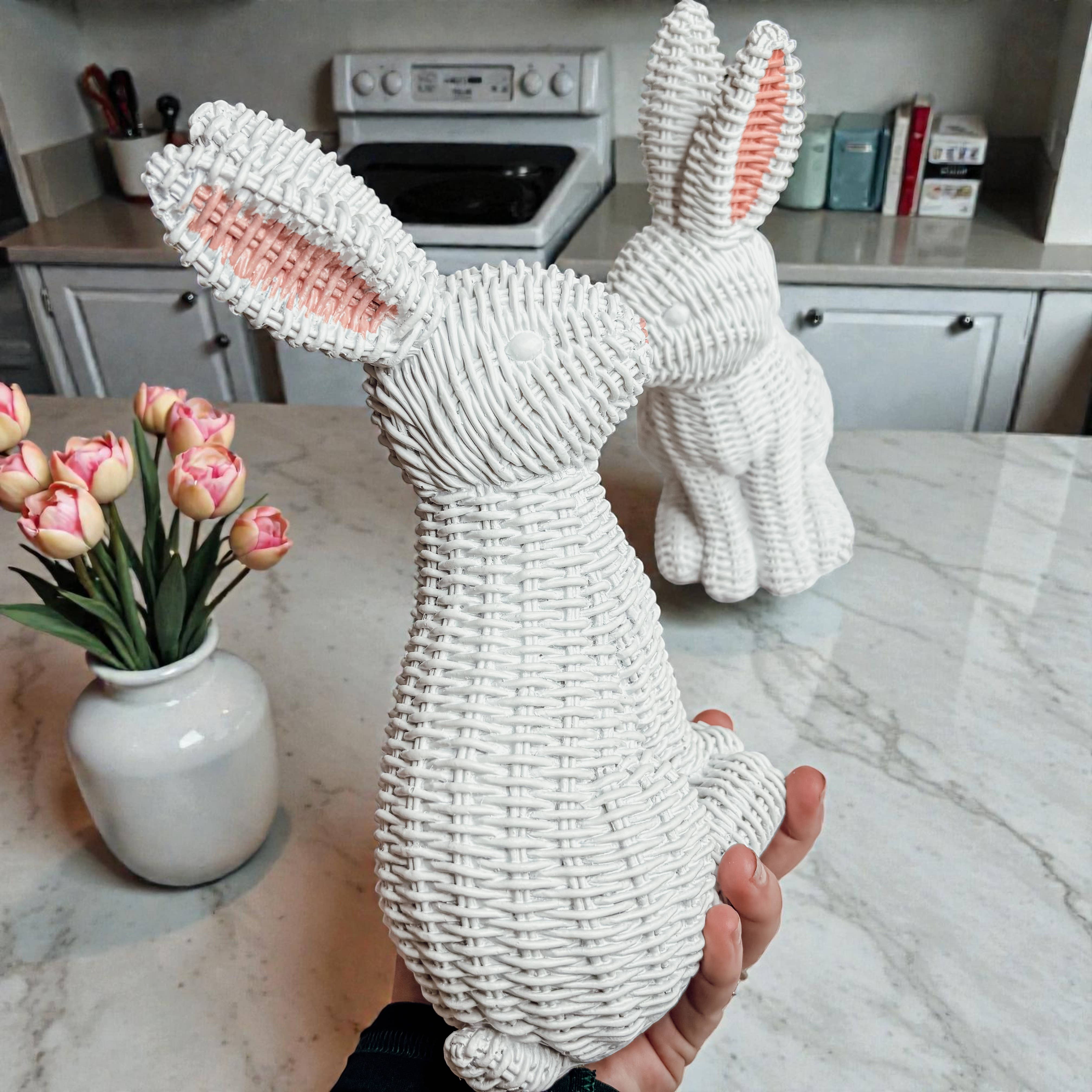 Gia Roma - Wholesale Sculpture - Easter Farmhouse Home Decor, Resin Bunny Figurine Rattan 22