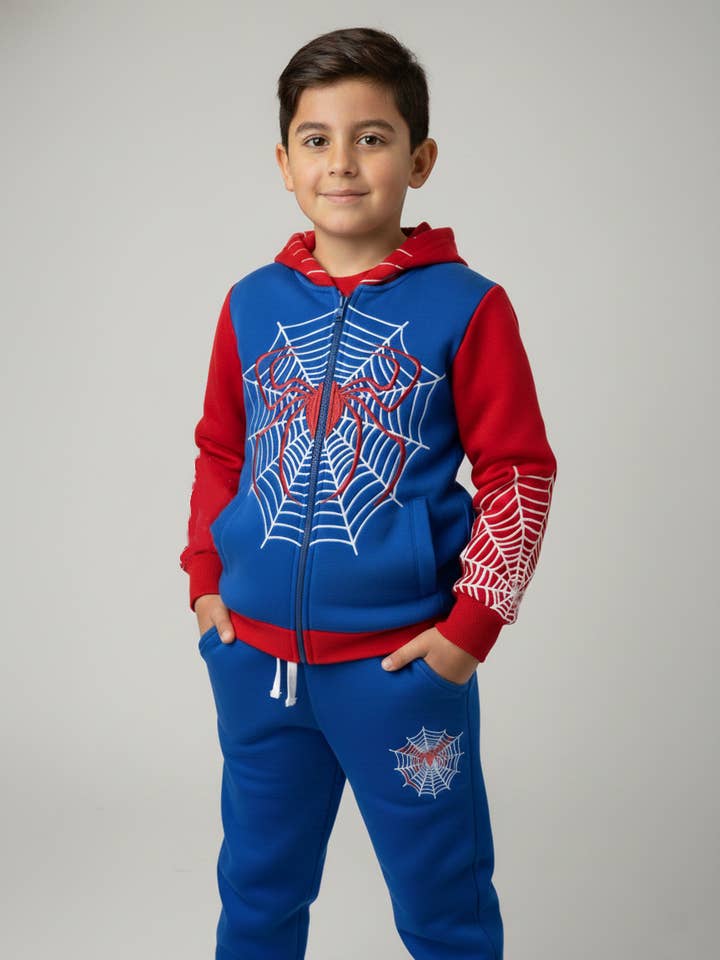Set in pile per bambini Spider Hero in 3 pezzi con felpa con maschera per la vendita all'ingrosso da parte di Lime Tree Clothing Inc.