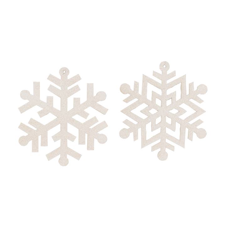 Wooden Glitter Snowflake Ornament, 6.5", 2 Assorted for wholesale by Col House Designs