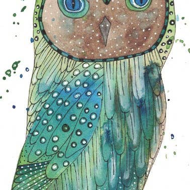 Greeting card "Green owl" for wholesale by Elle Bee Art Studio