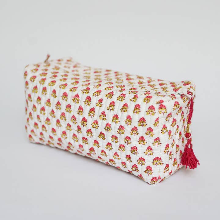 Pink flower wash bag block print cotton with waterproof lining for wholesale by Polly Fenwick