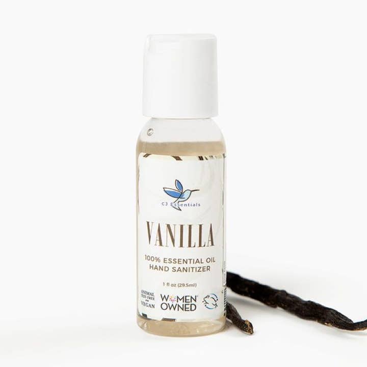 Hand Sanitizer with Essential Oils, 1oz Gel, Vanilla Scent for wholesale by CJ Essentials