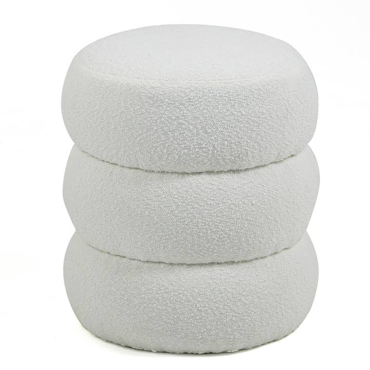 Glamour Home - Wholesale Ottoman - Azaria White Boucle Fabric Round Tufted Ottoman
