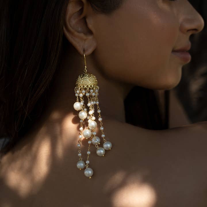 DIORA - Wholesale Dangle Earrings - Long Pearl Jhumka earrings Indian Festive Wedding Jewelry9