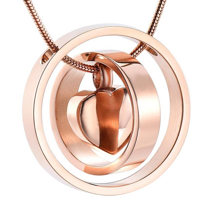 Collana con urna di cremazione a doppio cerchio intorno al cuore per la vendita all'ingrosso da parte di Cherished Emblems