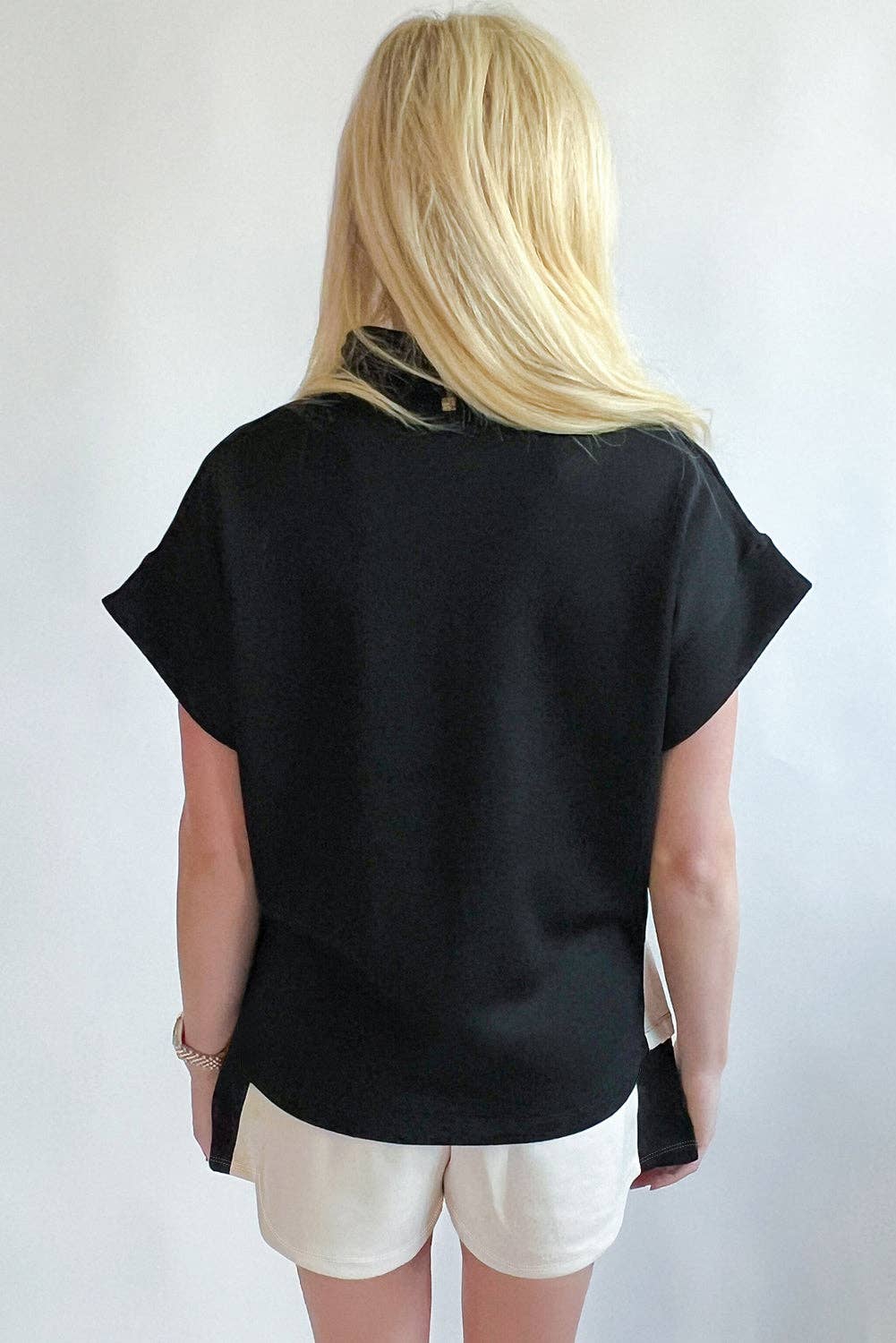 Black Contrast Zipped Stand Collared T Shirt and Short Set for wholesale on Faire1