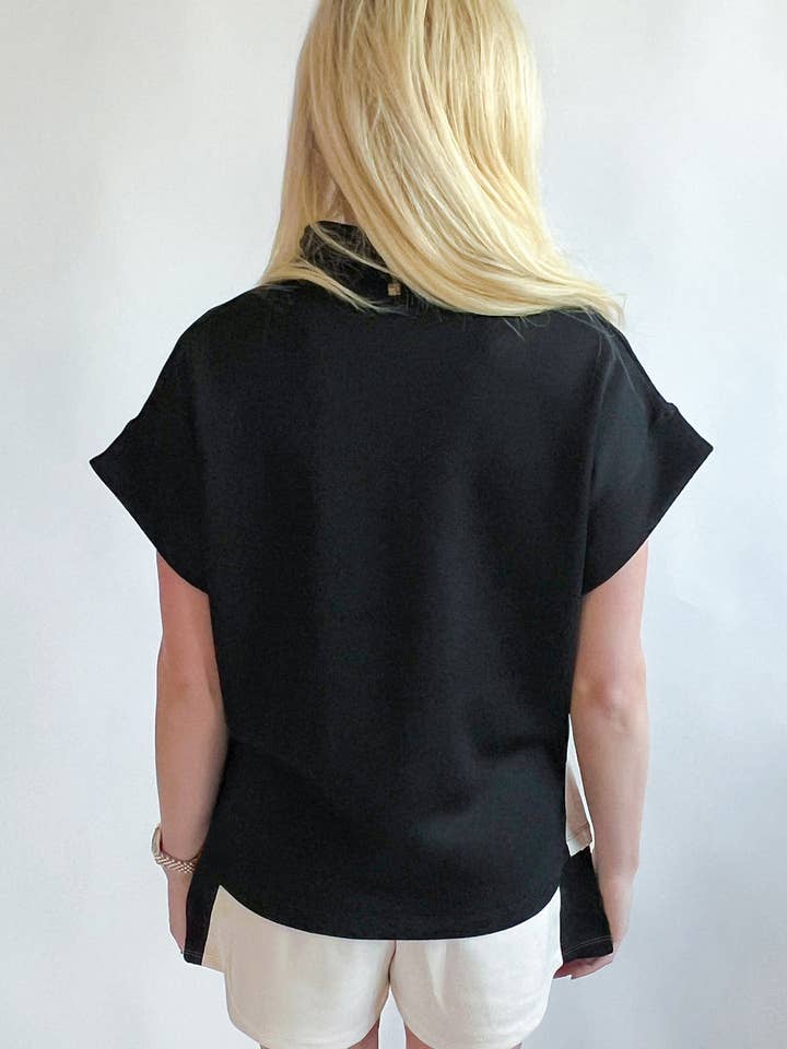 Black Contrast Zipped Stand Collared T Shirt and Short Set for wholesale on Faire1