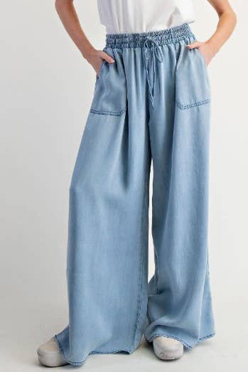 Vine & Love - Vente Jean – femme - Pantalon en denim chambray à jambes larges et taille haute 100 % Tencel VP8301921