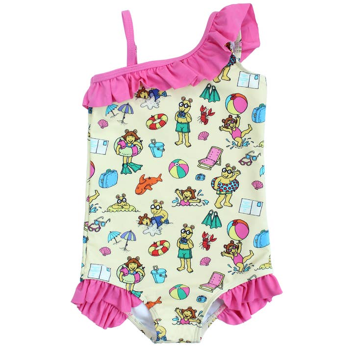 Bañador de una pieza con volante en la pierna para niñas de las vacaciones familiares de Arthur para venta al por mayor de Emerson and Friends