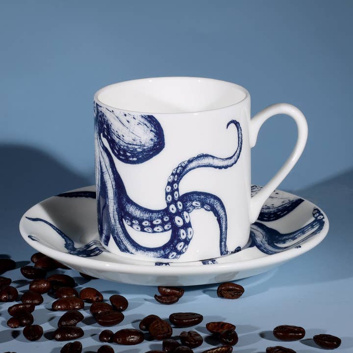 Copo e pires de café expresso Bone China Octopus por atacado de Cream Cornwall