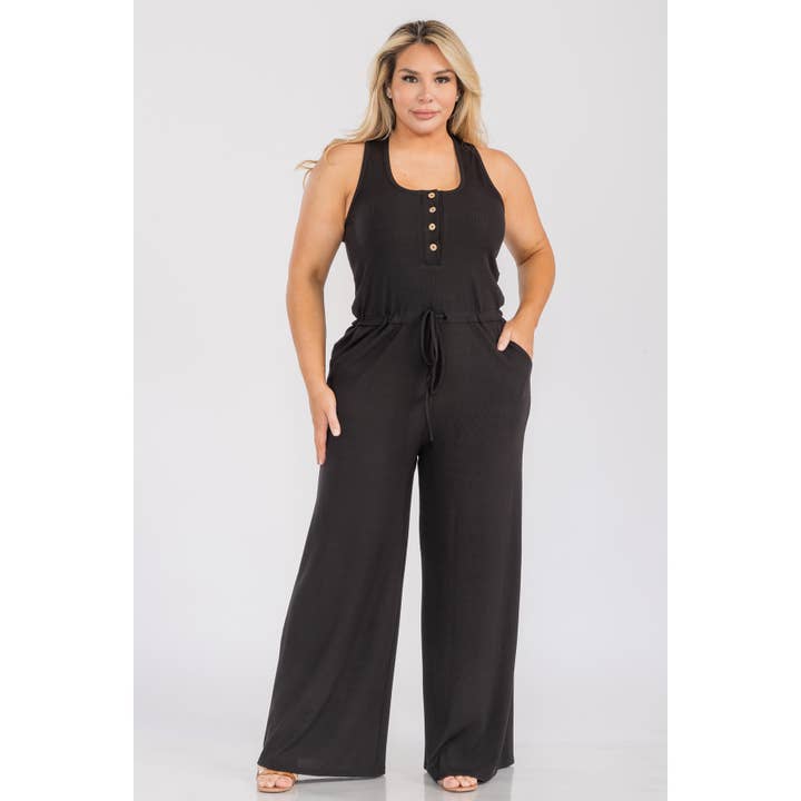 Curve Market - Wholesale Jumpsuit - Women's - PLUS SIZE ELASTIC WAIST WIDE LEG RACERBACK TANK JUMPSUIT