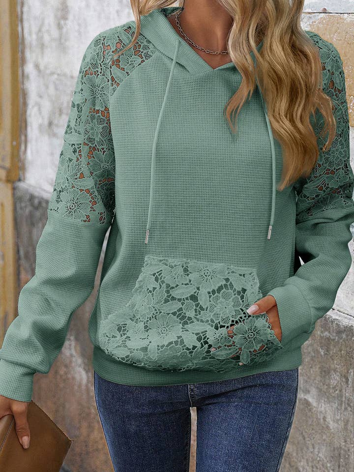 Lovesoft - Wholesale Hoodie - Women's - Smoke Green Lace Patchwork Raglan Sleeve Kangaroo Pocket Waffle Hoodie0