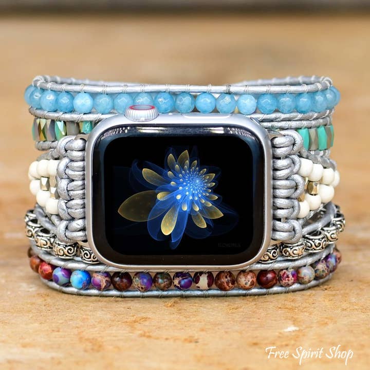 Aqua Bead Apple Watch Band, Trendy Beaded Watch Band for wholesale by Free Spirit Shop