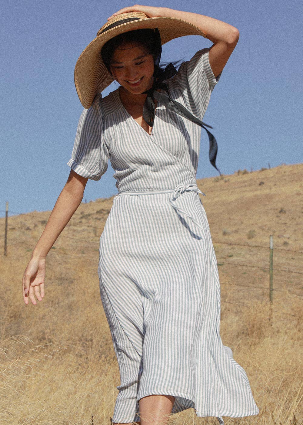 Atèlette - Wholesale Dress - Women's - Striped Cotton Gauze Midi Wrap Dress - Pemberley Dress1