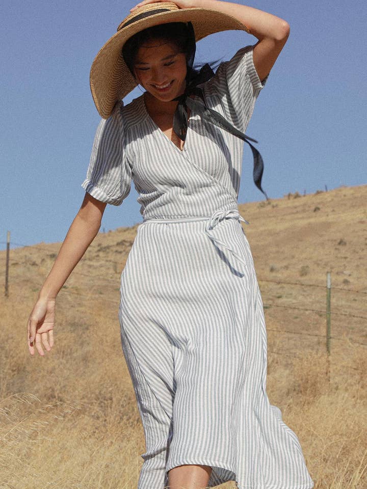 Atèlette - Wholesale Dress - Women's - Striped Cotton Gauze Midi Wrap Dress - Pemberley Dress1