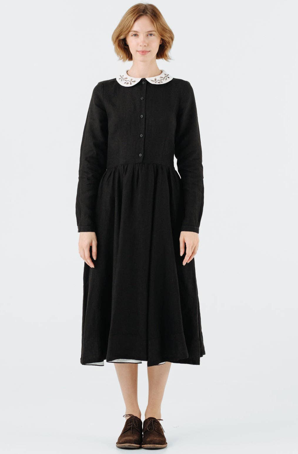 Son de Flor - Wholesale Dress - Women's - Classic Dress with Embroidered Hazelnut Collar, Long Sleeve3