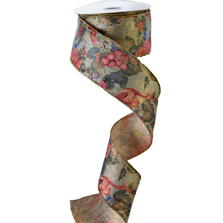 American Best - Wholesale Artificial Flowers - FRUIT AND FLOWER TEAL PINK WIRED EDGE RIBBON