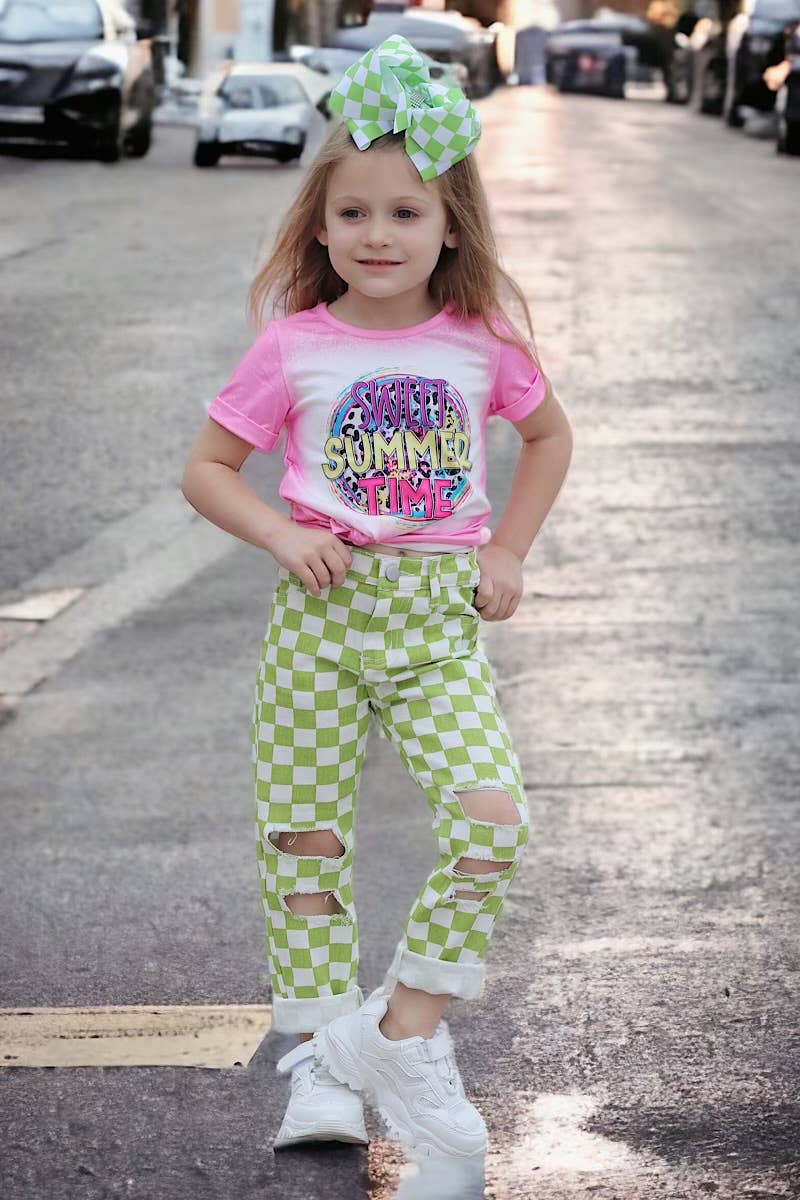 Kids Charm Online - Wholesale Jeans - Kids - LIME GREEN CHECKER PRINTED DISTRESSED DENIM PANTS. PNG2513305