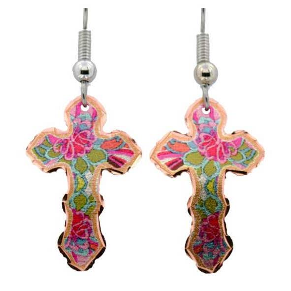 F 998 Colorful Floral Cross Earrings for wholesale by COPPER ARTS INC.