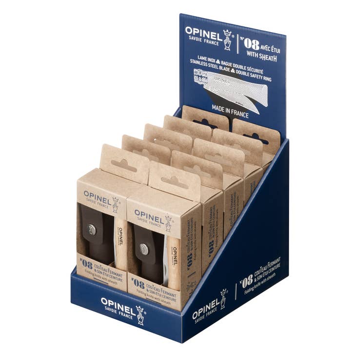 Présentoir de comptoir de 12 pièces n° 08 et ensemble de fourreaux pour la vente par Opinel