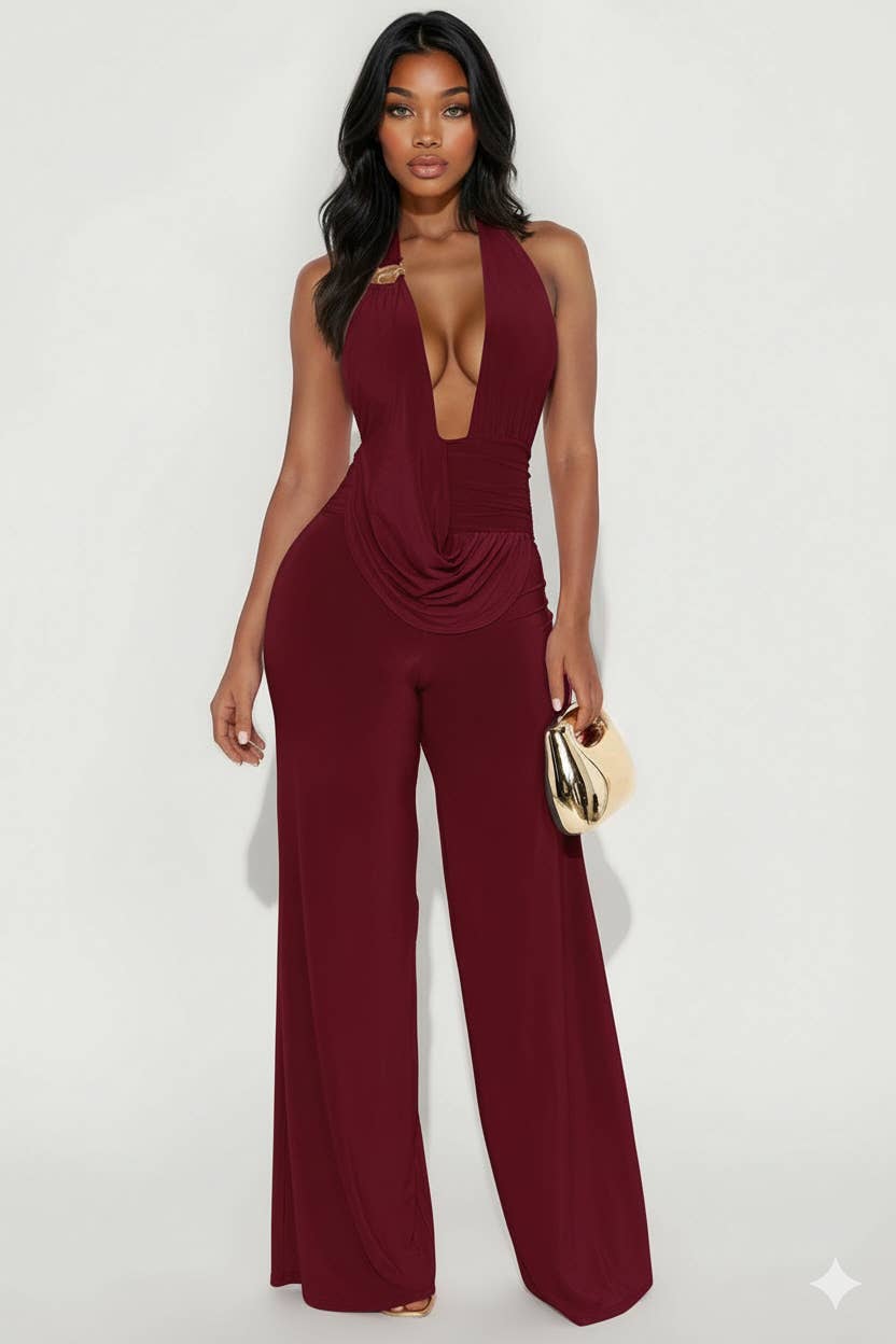 5besties inc - Wholesale Jumpsuit - Women's - HALTER WIDE LEG JUMPSUIT WITH RUCHED WAIST DETAIL1