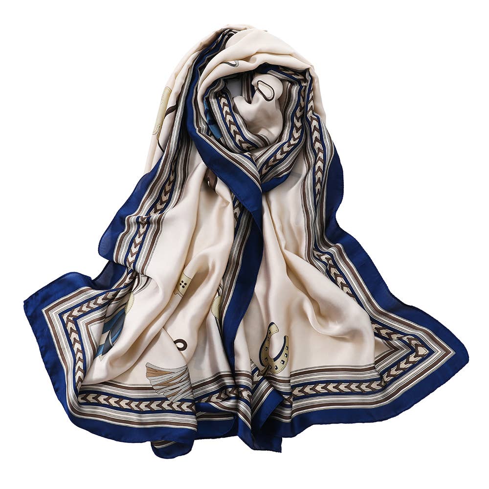 YOUZEY - Wholesale Scarf - Women's - Ivory and Blue Faux Silk Scarf1