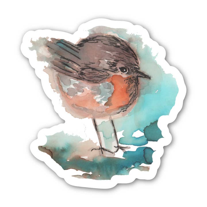 Tiny Bird Sticker Watercolor Paint 3" Kiss-Cut Vinyl for wholesale by Angi Bock Robertson Art