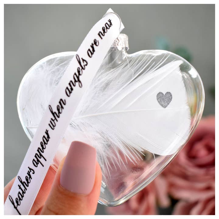 HEART PRINT Memory Bauble Glass Heart. Real White Feather for wholesale by Amaya Rose Ltd.