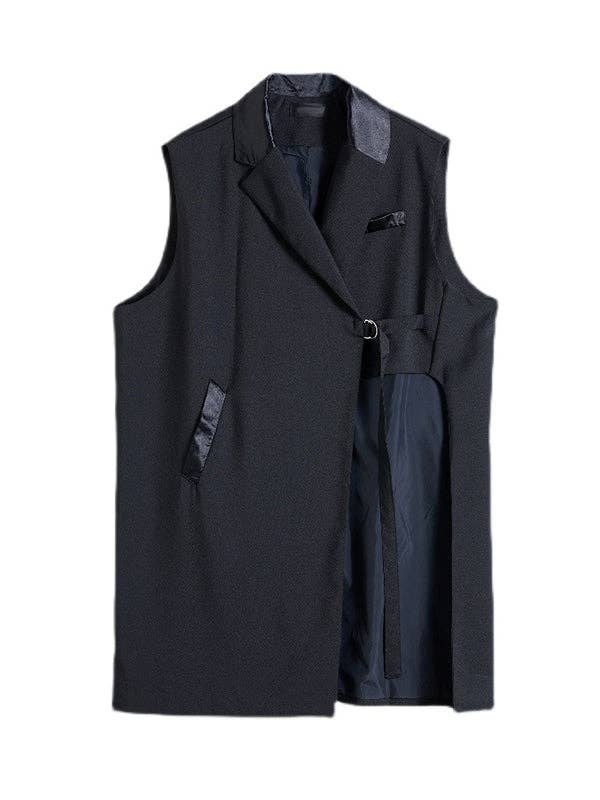 BLACK Sleeveless Asymmetric Pockets Tied Lapel Vest Outerwear for wholesale on Faire6