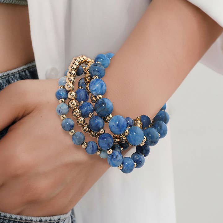 5PCS - Pulseras elásticas multicapa con cuentas de bola de metal y resina para venta al por mayor de Sensibling Corp.