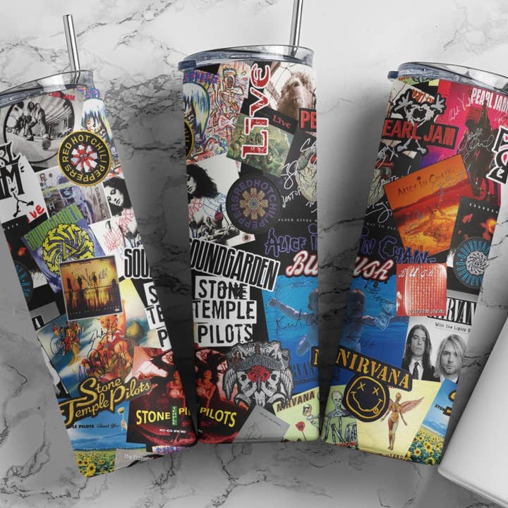 Drifting Dogwood Designs - Wholesale Insulated Mug/Tumbler - 90’s Rock Band Tumbler