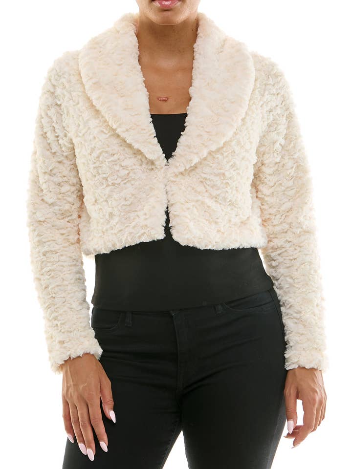 Nina Leonard Sjaalkraag Lange Mouwen Zachte Crème Korte Jas voor wholesale door Immediate Apparel