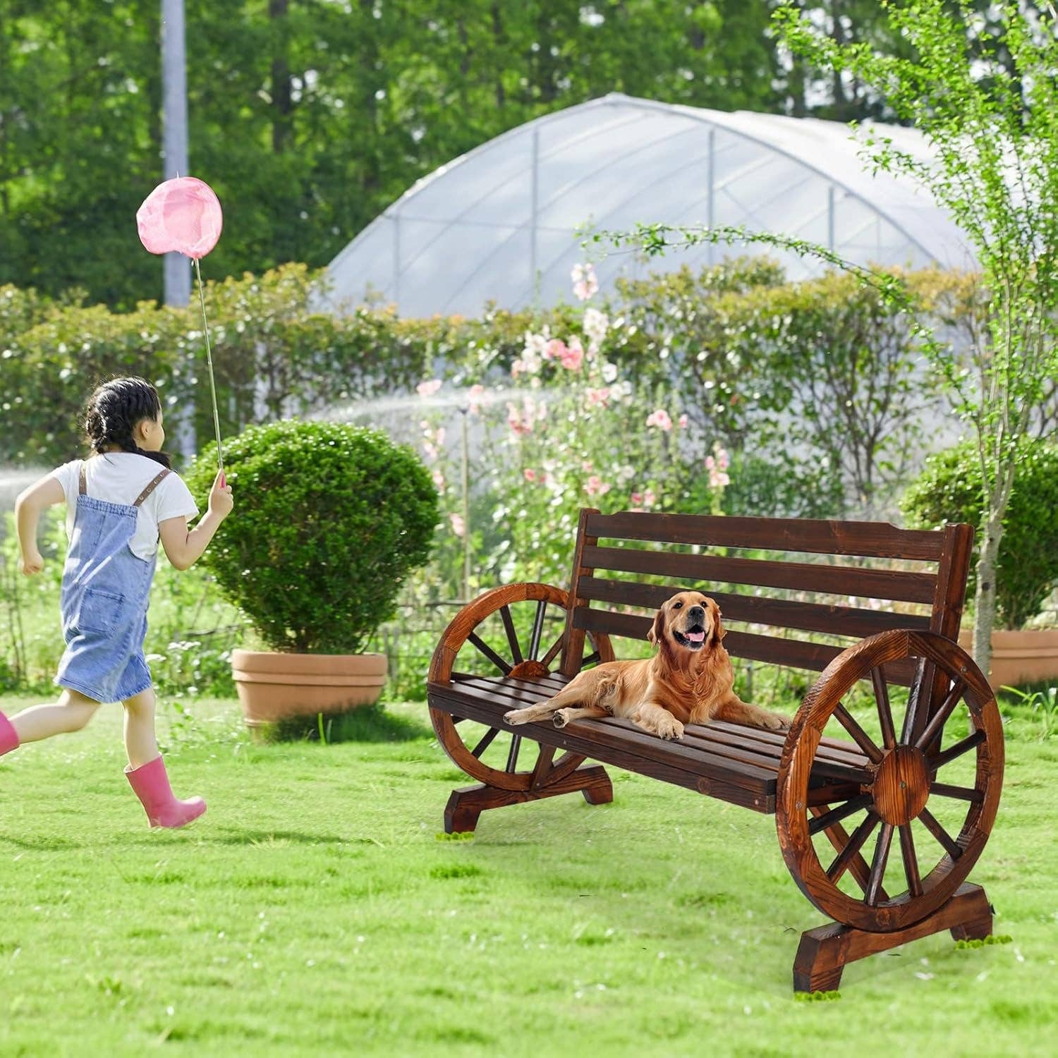 Rustic Wooden Garden Bench with Wagon Wheel Arms for wholesale on Faire7
