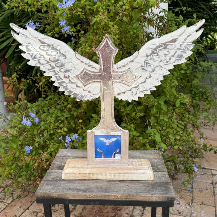 Wilco Home - Wholesale Wall Cross - Carved Wood Memorial Cross with Angel Wings and Photo Frame1