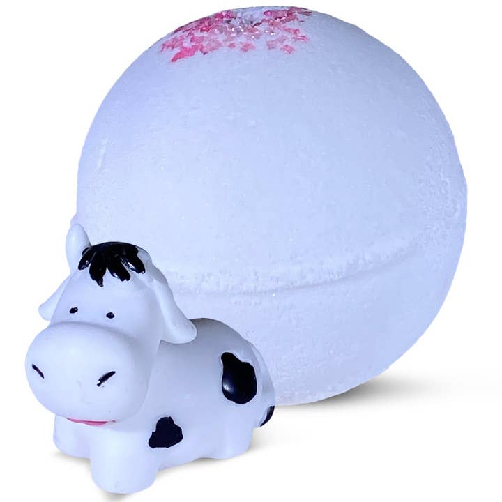 Relaxcation - Vendita all'ingrosso Bombe/polveri da bagno - 1 bomba da bagno per bambini con simpatico giocattolo a sorpresa a forma di mucca all'interno, idratante agli oli di cocco e d'oliva e aroma floreale di gardenia bianca - USA