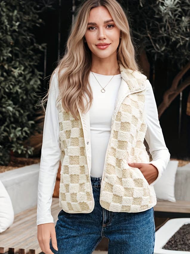 Kaki Gilet à boutons-pression à carreaux Sherpa avec poche en vente sur Faire12