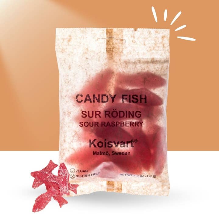 Casacella Foods - Wholesale Gummy - Kolsvart Sur Roding Sour Raspberry Candy Fish 4.25oz (125 g)2