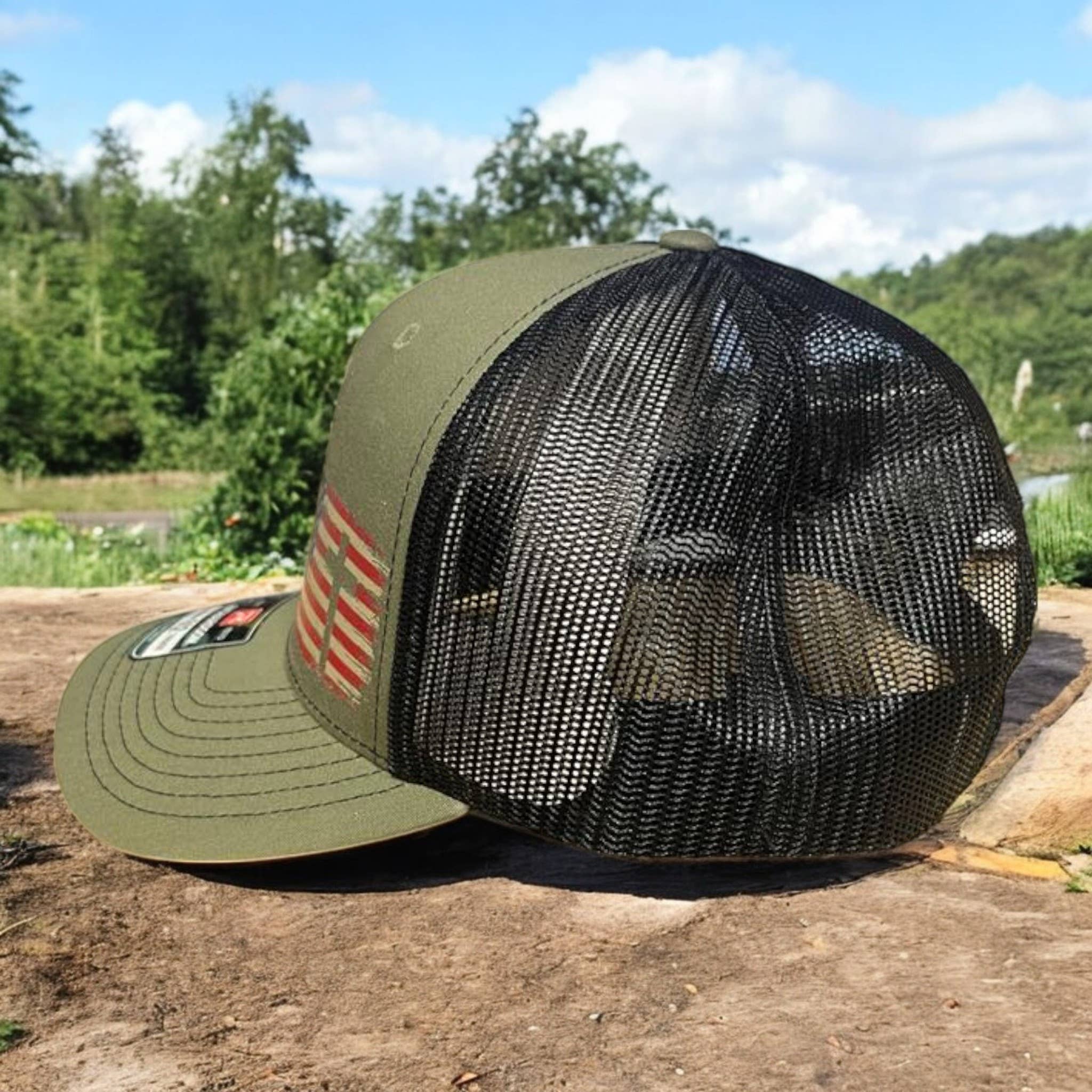 Handmadeohio - Wholesale Trucker Hat - Men's - Richardson 112 Snapback Hat, Olive Drab American flag Cross2