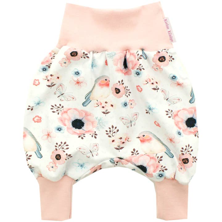 Pantaloni a sbuffo per neonati con fiori e uccellini “Birds” bianco e rosa antico per la vendita all'ingrosso da parte di Kleine Könige