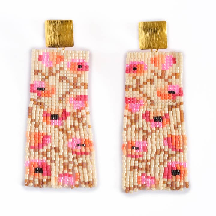 Mayana Designs Co - Wholesale Dangle Earrings - Beaded Handwoven Poppy Flower Fringe Earrings (Cream/Pink)0