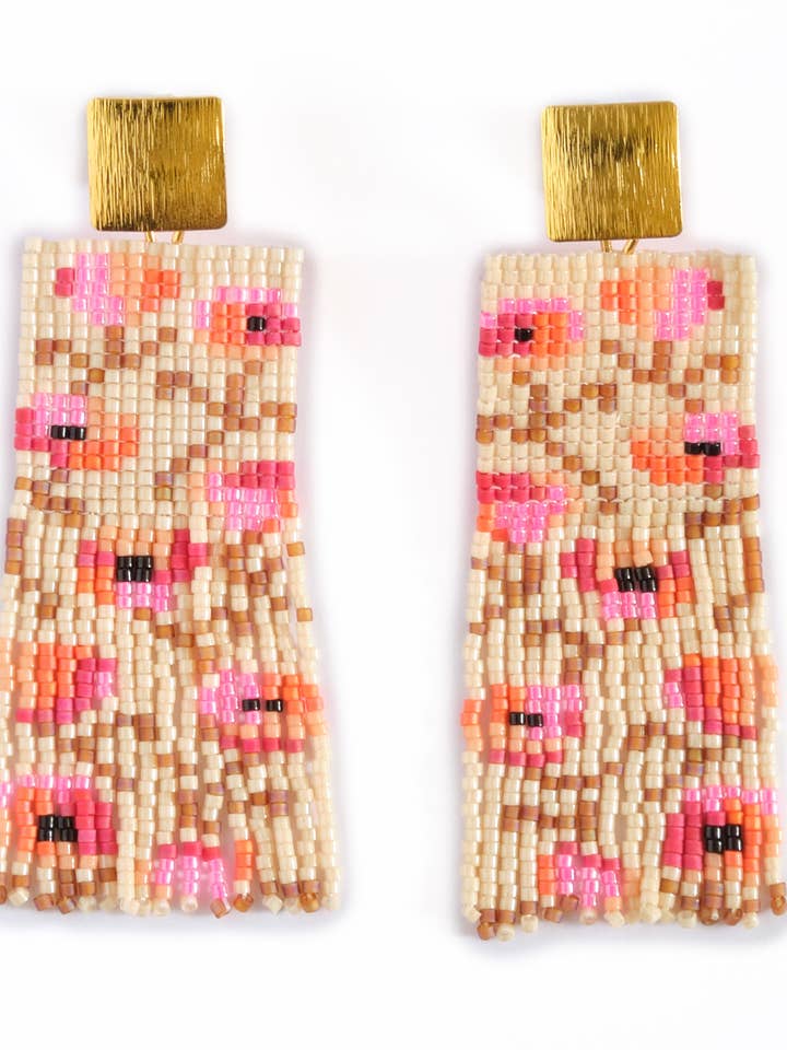 Beaded Handwoven Poppy Flower Fringe Earrings (Cream/Pink) for wholesale by Mayana Designs Co