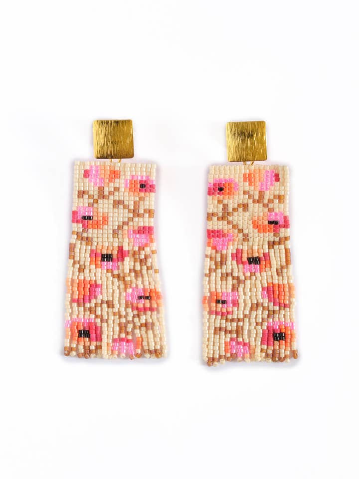 Beaded Handwoven Poppy Flower Fringe Earrings (Cream/Pink) for wholesale by Mayana Designs Co