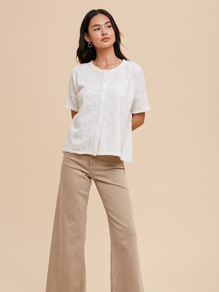 In Loom - Wholesale Button Down Shirt - Women's - GARMENT WASHED BUTTON FRONT LACE TRIM TOP
