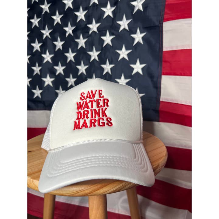 Chapeau de camionneur brodé blanc Save Water Drink Margs pour la vente par LA PRINT AND STITCH