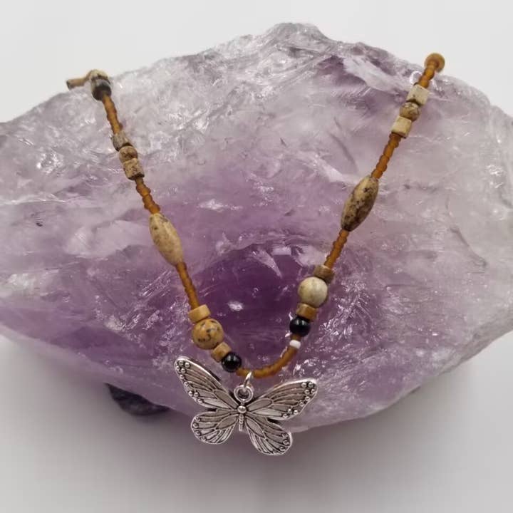 Boho Stone Beaded Butterfly Necklace for wholesale by magnolia jewelry